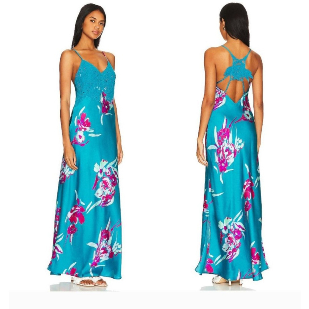 FREE PEOPLE Forever Yours Lace Satin Floral Maxi Dress Size XS - Picture 1 of 10
